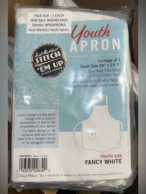 Aunt Martha's 2 pack Youth Apron - Fancy White NEW